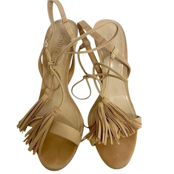 SCHUTZ Size 9.5 Beige Heel Stiletto Pom Pom Tassels Camel - Picture 2 of 12